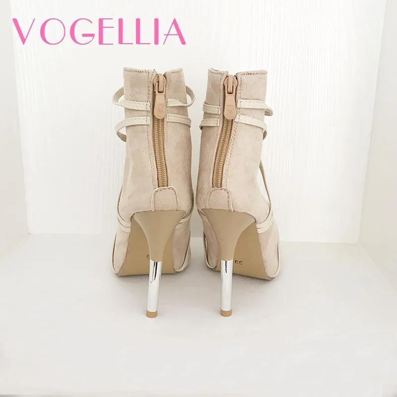 2018 New Fashion Woman Faux Suede Pumps Sexy Open Toe Ankle Boots Slip On Deep V Cut High Heel Lady Autumn Shoes