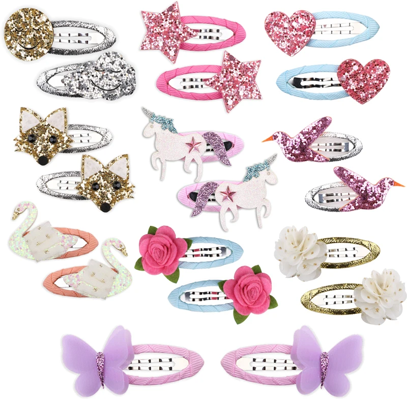 

10Pairs Glitter Cartoon Unicorn Bird Butterfly Flower Kids Hairpins Cute Star Heart Girls Hair Clips BB Snap Clips Accessories
