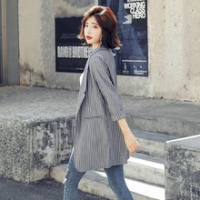 Осенне-зимний костюм с курткой женский тонкий полосатый три четверти открытый стежок отложной воротник пальто Верхняя одежда плюс размер