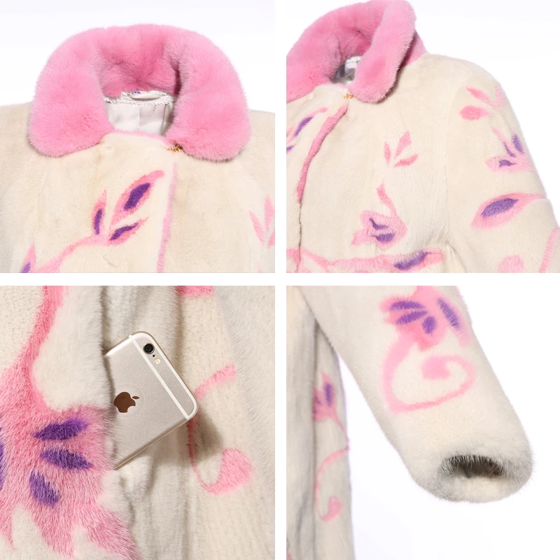  Pink print 3D Stereogram mink fur coat Long winter real fur mink fur coat Velvet level natural mink