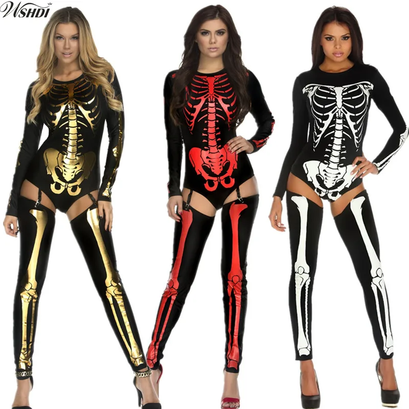 

Scary Devil Witch Skull Skeleton Costume Women Lady Cosplay Skull Bodysuits Costumes Adult Halloween Carnival Party Clothes