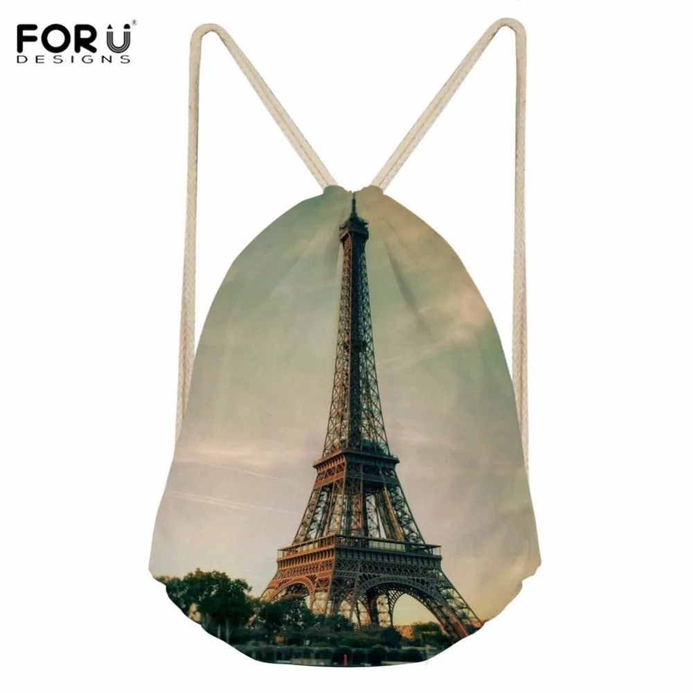 

FORUDESIGNS Womens Sport Bag Drawstring Backpack Eiffel Tower 3D Printing Sports Bags for Fitness Gym Sack Yoga Storage Bags New