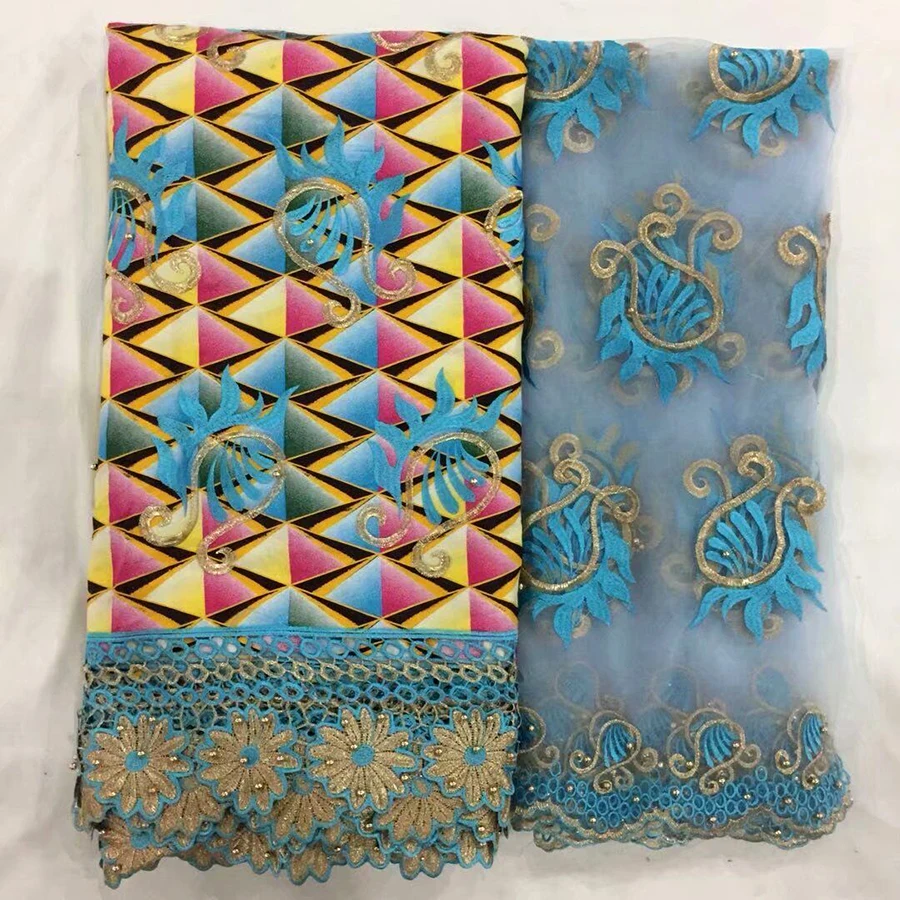 

Newest Multicoloured African Wax Print with water soluble fabric 6+2 yd Embroidered Design Nigerian wax Print Mix with Cord Lace