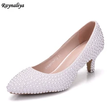White Pearl Wedding Bridal Women Shoes Elegant 5CM Heels Evening Party Shoes High Heel Beading Dress Pumps Big Size XY-A0009 wedding shoes white diamond crystal pearl high heel waterproof table adult shoes wedding shoes bridal shoes