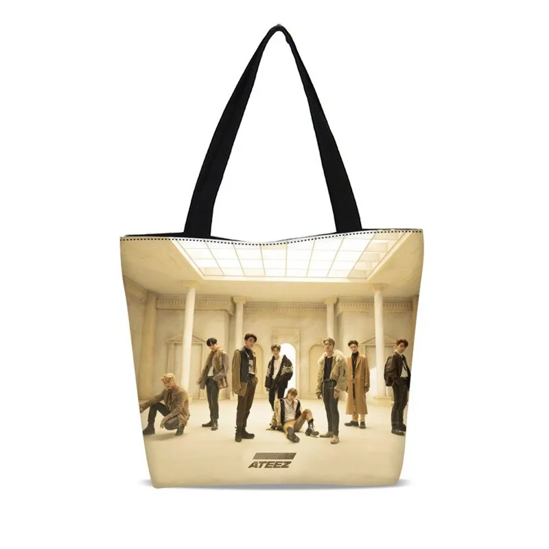 

Reusable Canvas Shopping Bags Women Fashion Cool Korea Group ATEEZ Letter 3D Printing Messenger Bags Foldable Casual Tote Bags