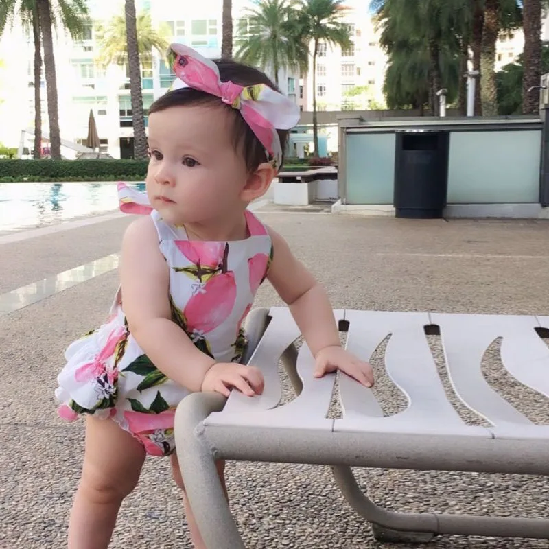 Summer Cute Baby Girl Rompers With Bow Lemon Lovely Print Baby