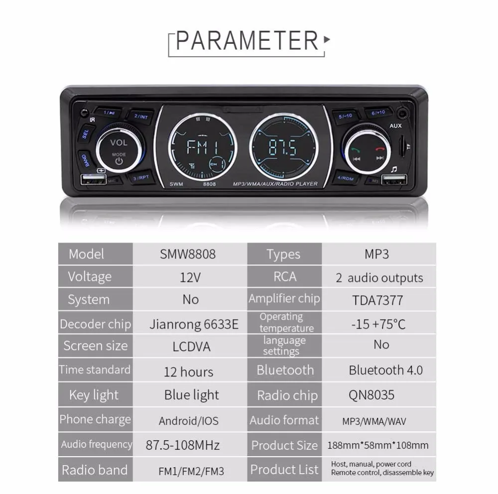 Автомагнитола 1Din MP3 мультимедийный плеер Поддержка Bluetooth Handsfree пульт дистанционного управления FM AUX U диск карта воспроизведения микрофон Авторадио