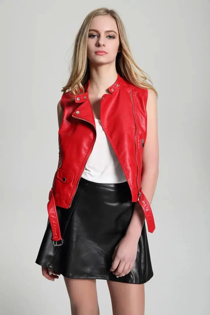 2018 Fashion New Female Red Leather Vest Sleeveless Short