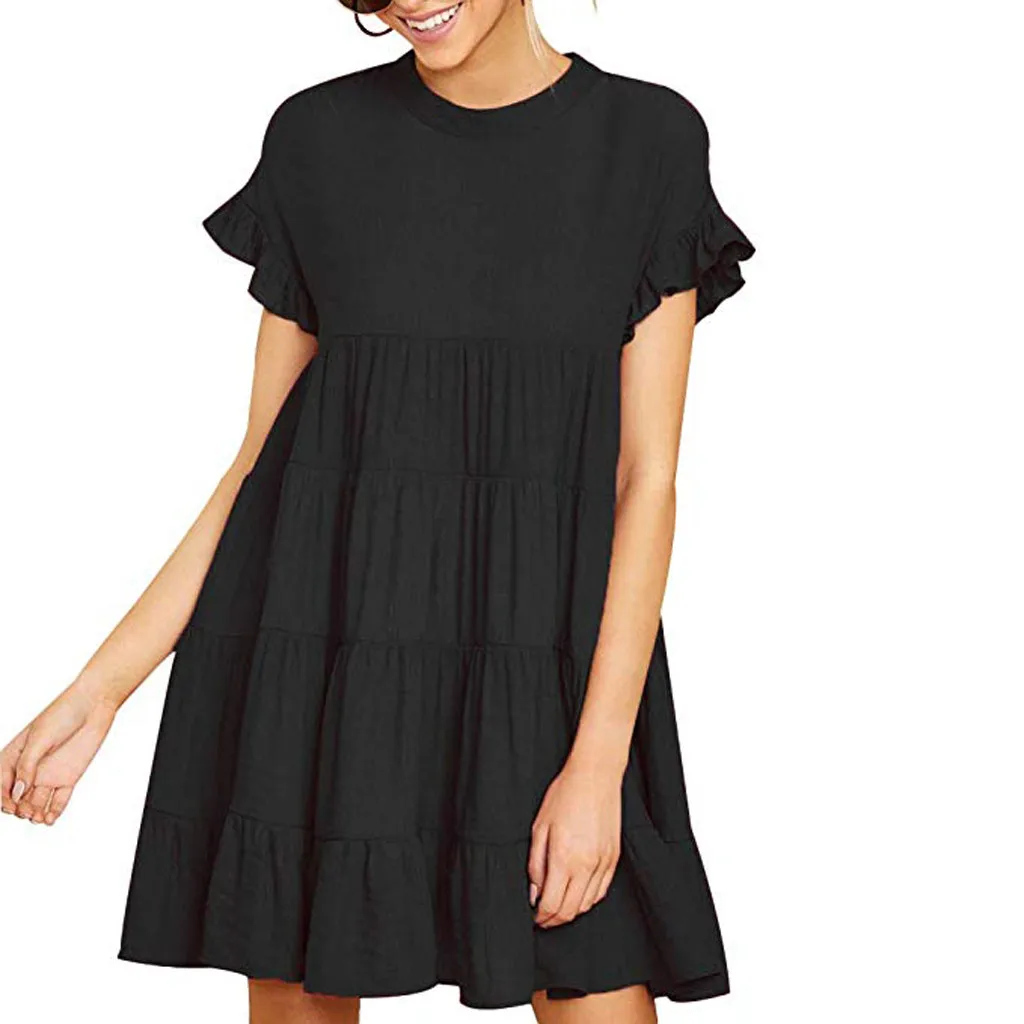 Women Summer Ruffle Sleeve Dress Casual Boho Solid Plain Short Sleeve A-Line Dress Female Loose Swing Party Mini Dress Vestidos