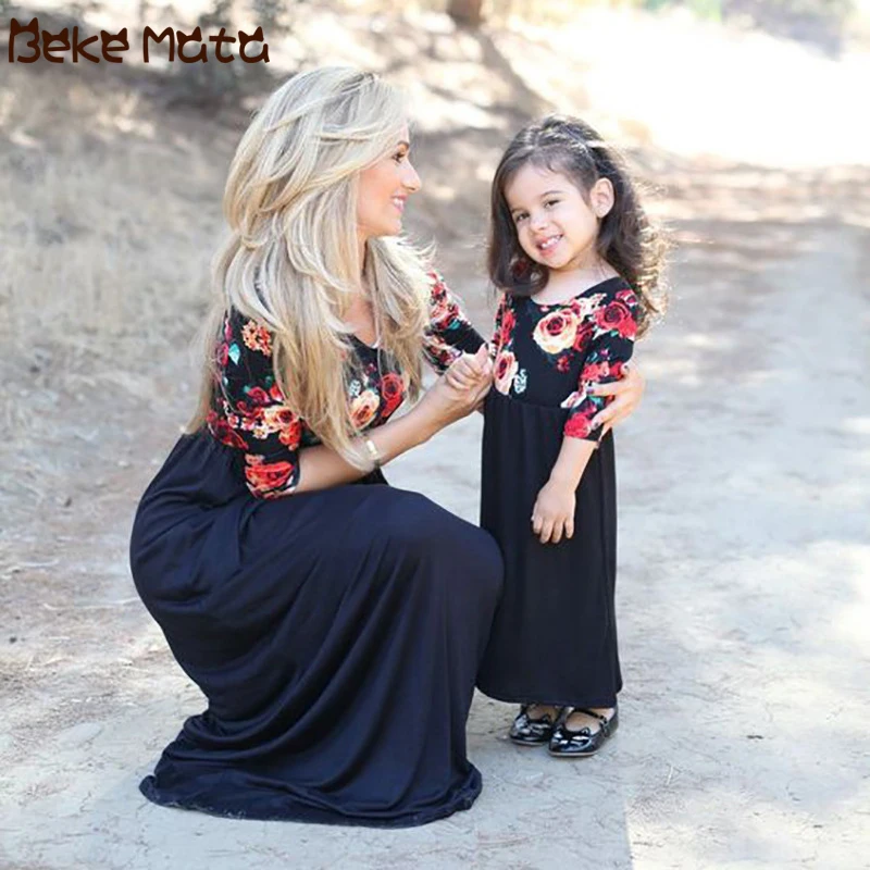 

BEKE MATA Mother Daughter Dresses Spring Long Maxi Mommy And Me Clothes Floral Print Family Look Mom Girl Outfits Half Sleeve
