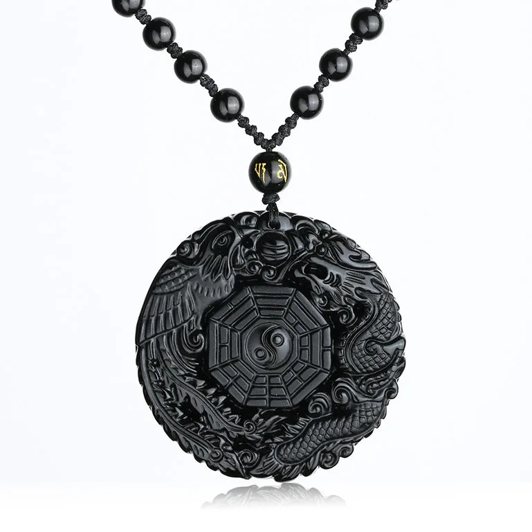 

Natural Black Obsidian Pendant Necklace Dragon Phoenix with Chain the Eight Trigrams Pendant Amulet Peace Mascot For Men/Women