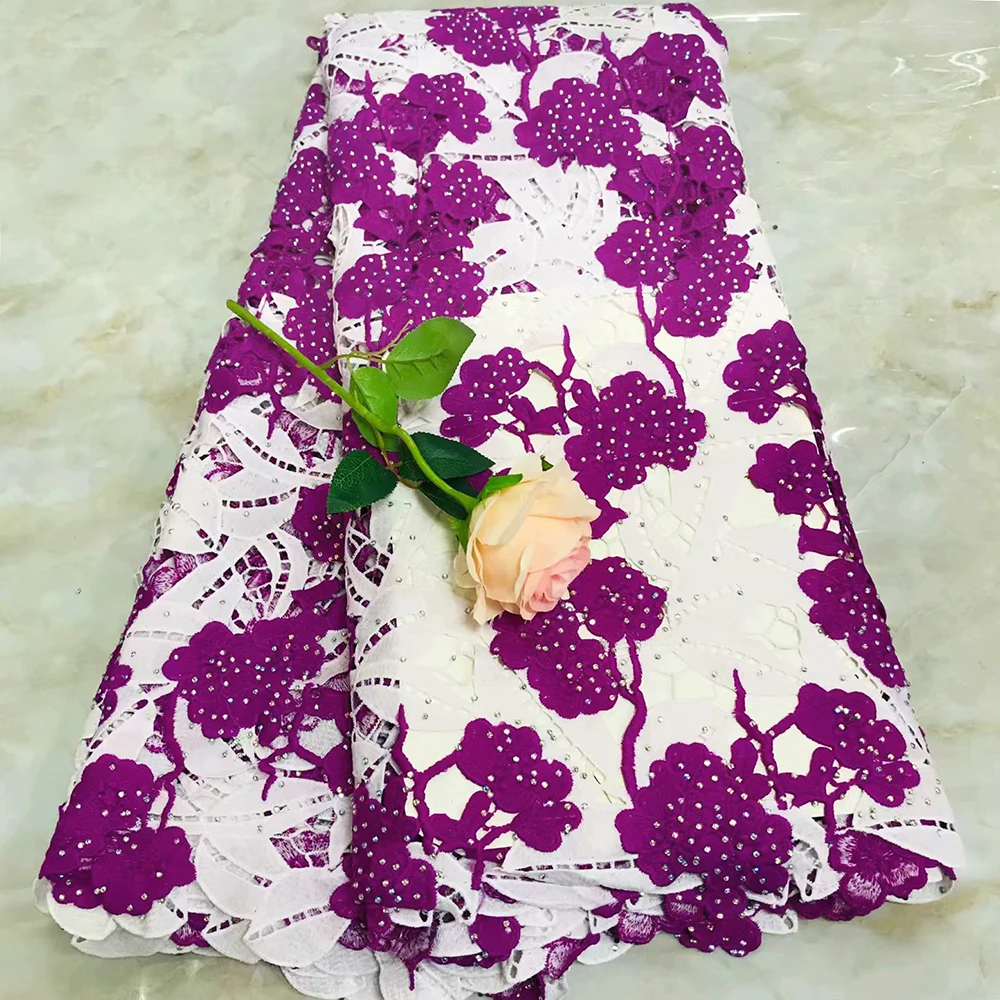 

New African Lace Fabrics 5yard White&Purple Guipure Lace Fabric High Quality African Cord Lace Fabric For Dresses With Stones