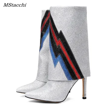 

Mstacchi New Bling Striped Color Runway Boots Female Pointed Toe Thin Heels Botas Mujer Lightning Decor Royal Short Women Boots