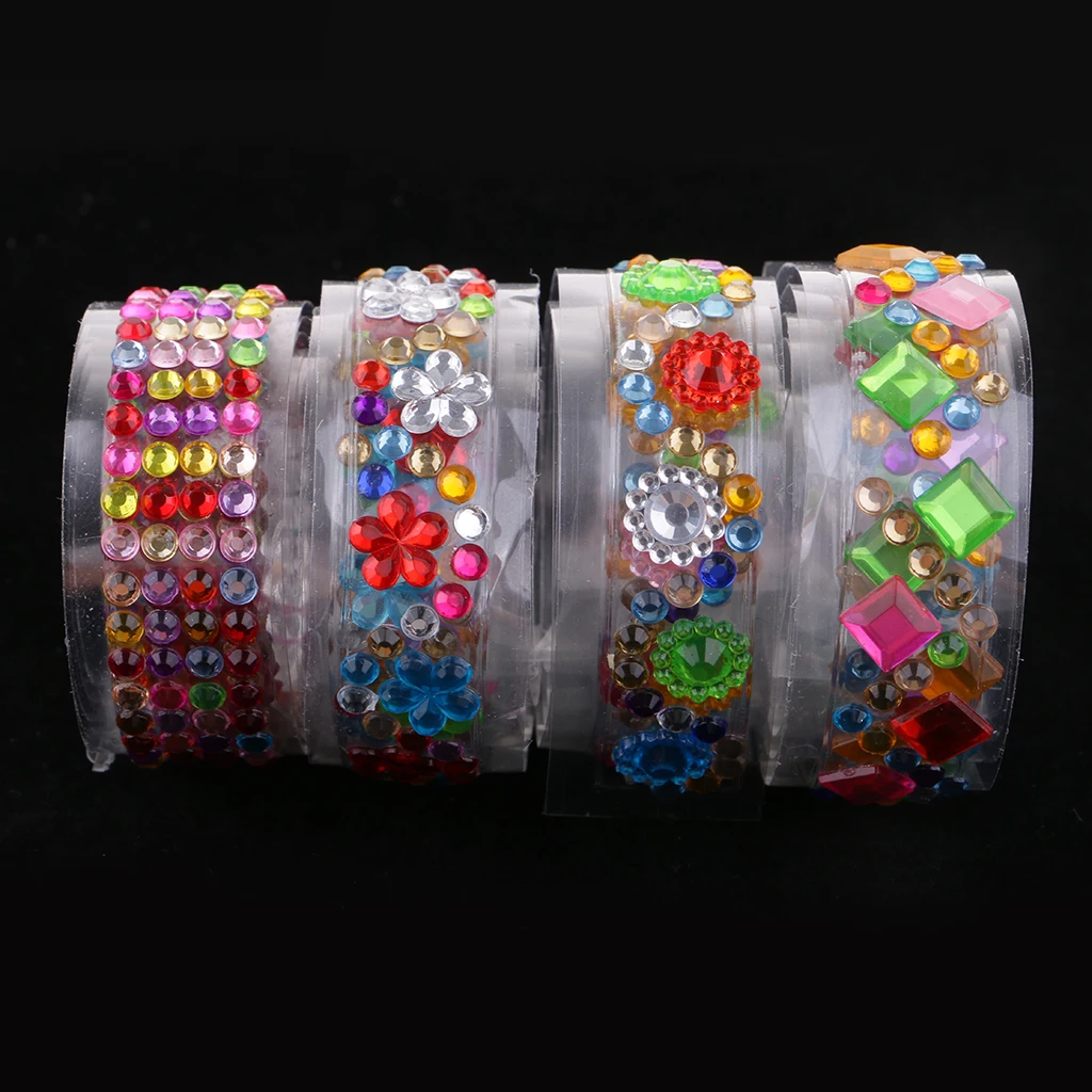  4 Rolls Bling Self-Adhesive Acrylic Rhinestone Diamond Gem Sticker Tape Embellishments for Scrapbooking Craft Decoration