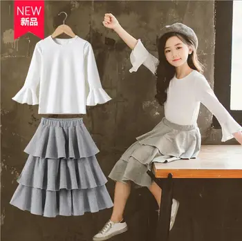 

2019 new wholesale girls 2 pcs set t-shirt+ruffles skirt cotton fashion spring girls suit 4-9t B224
