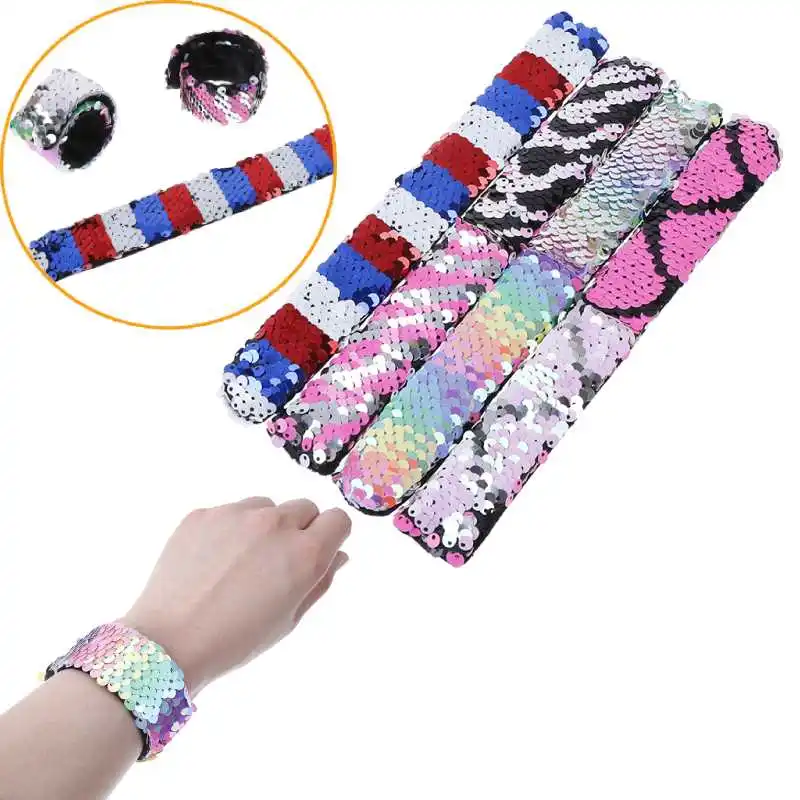 

1Pcs Fashion Wristband Party Wrist Strap for Kids Children Holiday Beach Party Favours Double Colors Sequin Slap Bracelets