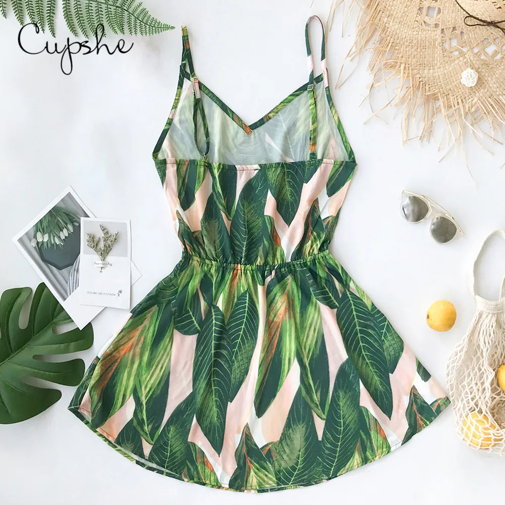 CUPSHE Women Tropical Leaf Print V neck Mini Dress 2019 New Beach Summer Slim Straps Slip Sundresss Vestido