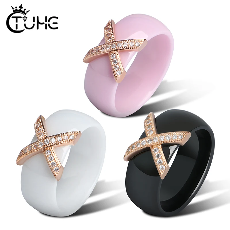 

8mm Rose Gold X Cross Ceramic Rings for Women Never Fade Crystal Wedding Rings Jewelry Rhinestone Engagement Ring Gift