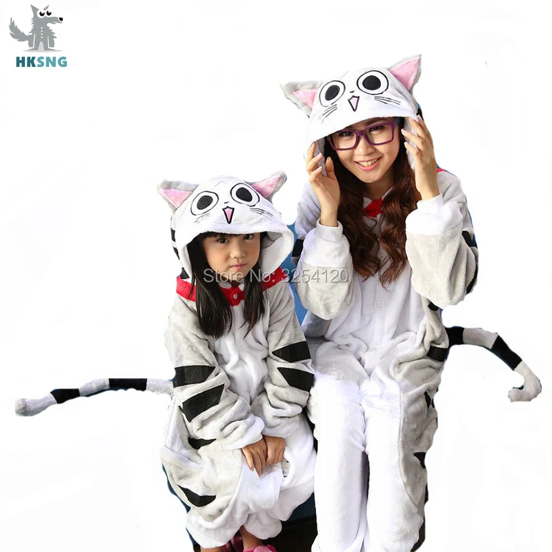 HKSNG Animal Adult Kigurumi Cheese Cat Pajamas High Quality Flannel Family Party Onesies Cosplay Costumes Kids Jumpsuits Kigu