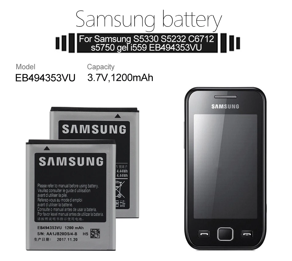 Samsung телефон Батарея EB494353VU 1200 мА-ч для samsung S5330 GT-S5570 i559 S5570 S5232 C6712 S5750 замена батареи