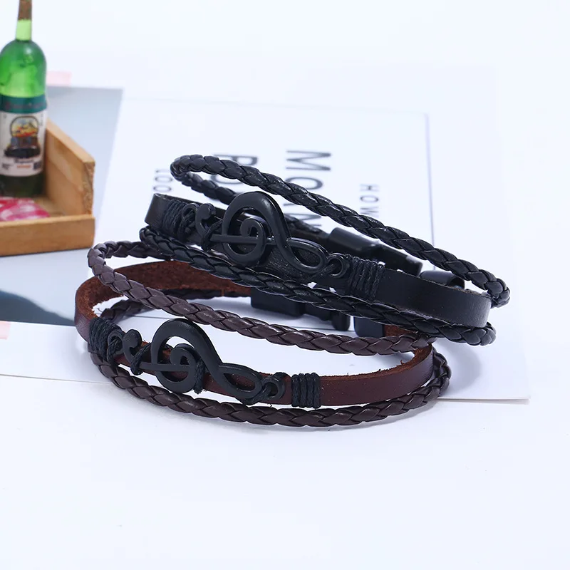 

LE SKY New Note Leather Bracelet Women Men Leather Bracelets Punk Rope Chain Music Fans Unique Bangles For Male
