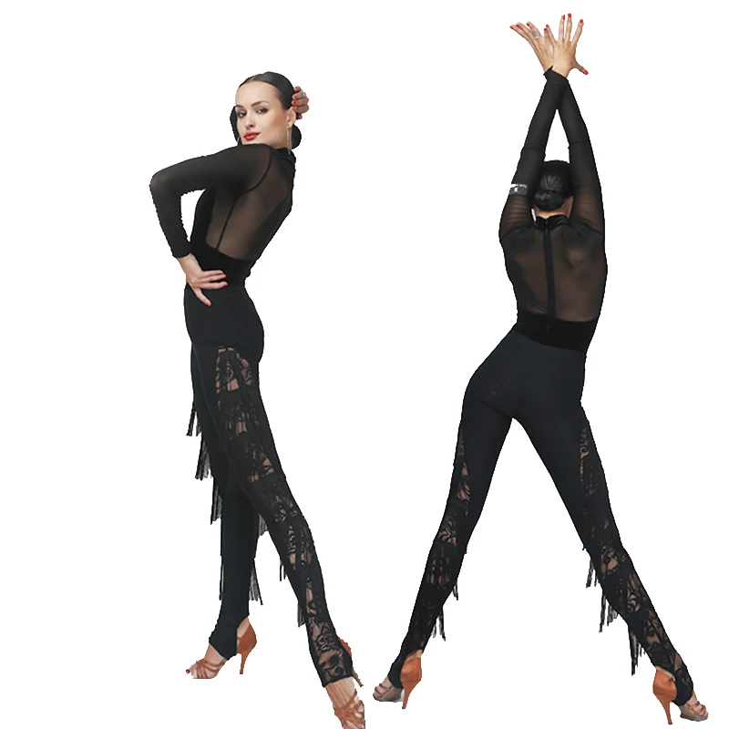 Бальные латинские танцевальные кружевные штаны с кисточками платье для сальсы современная танцевальная одежда женская черная облегающая танцевальная одежда для ча-ча PY015