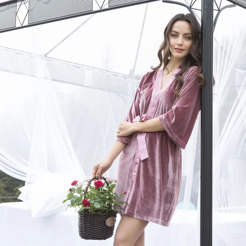 

Women's Spring and autumn luxury velvet flannelette V-neck satin collar kimono sleepwear nightgown robe