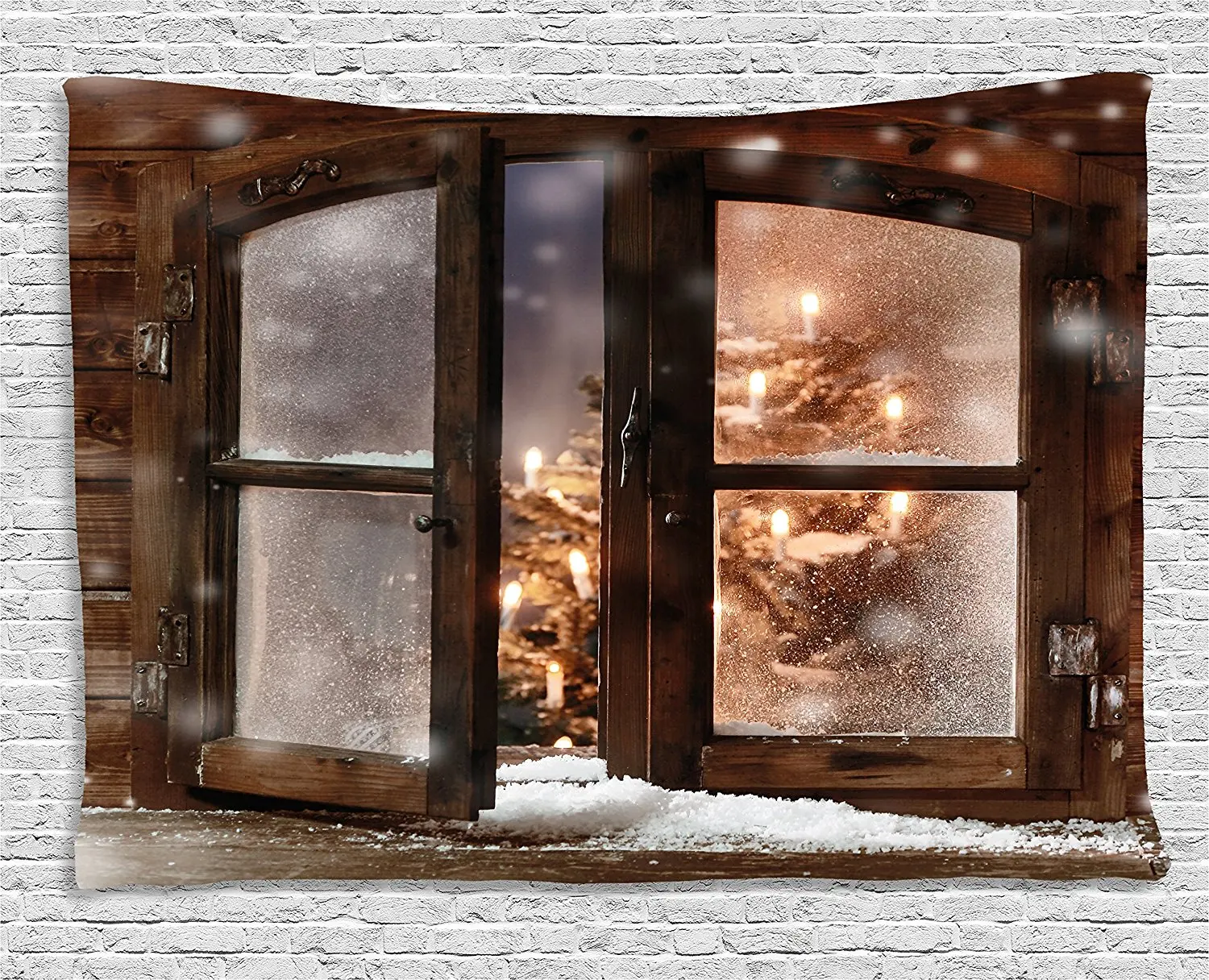 

Winter Tapestry Close up Snow on Vintage Wooden Christmas Window Pine Christmas Tree Inside Cabin, Wall Hanging for Bedroom