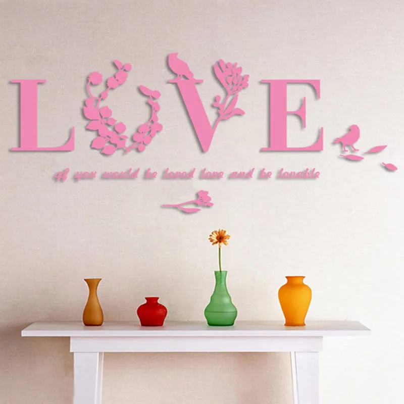 DIY 3D лист любовь стильная настенная декоративная виниловая наклейка наклейки акриловые зеркальные Декор Спальня Гостиная Декор снимающиеся наклейки - Цвет: pink