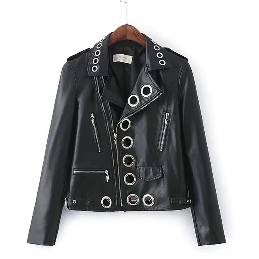 Big Metal Circle Leather Jacket Women Pocket Punk metal Black Faux