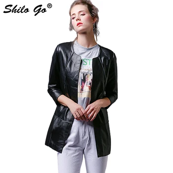 

SHILO GO Leather coat Womens Autumn Fashion sheepskin genuine Leather jacket O Neck concise loose half sleeve black zipper coat