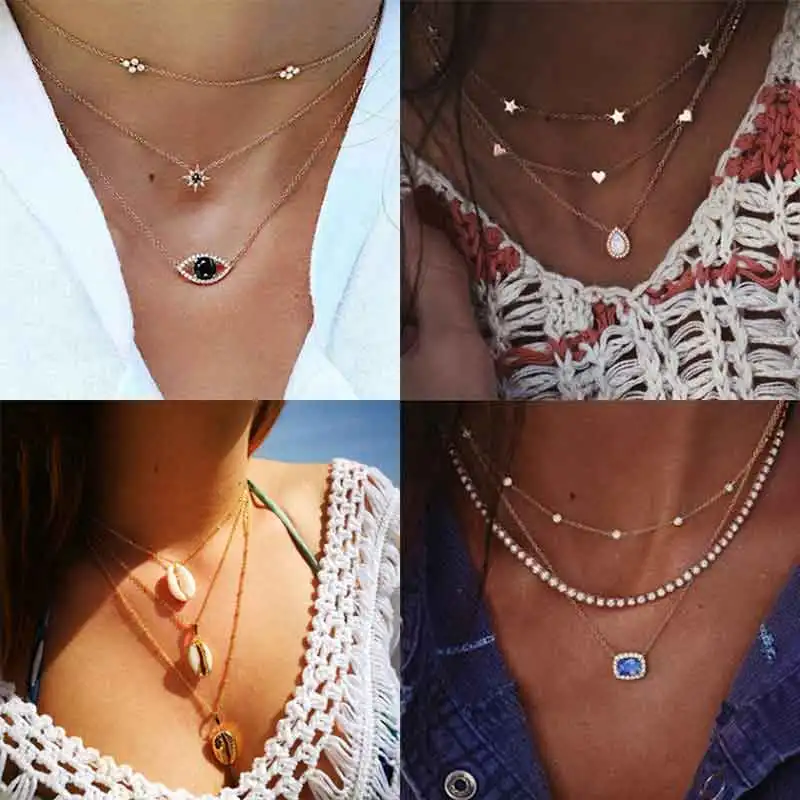

Solememo Boheman Statement Multi-layer Necklace For Women Girls Rhinestone Crystal Shell Pendant Necklace Beach Jewelry N6858