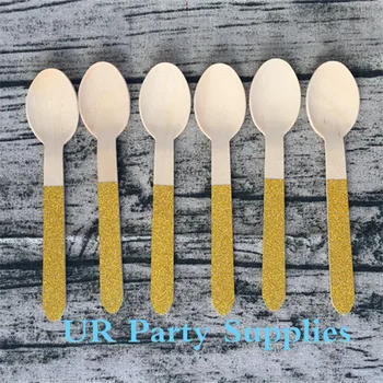 

72pcs Wooden Utensil Cutlery Spoon Fork Knife Gold Glitter Birthday Party Baby Wedding Shower Decor Dessert Tableware