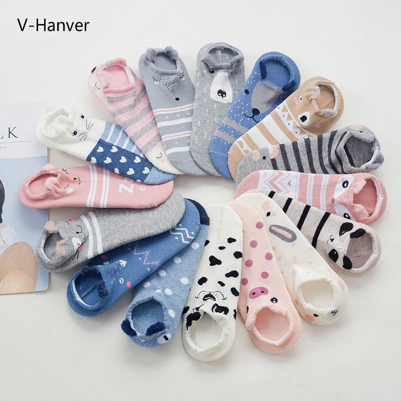 V-Hanver милые животные Хлопок Женский Kawaii кошка с собакой лето короткие носки тапочки женские повседневные Мягкие забавные лодочные