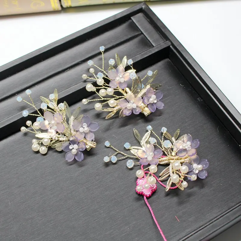 

3pc/lot puple plastic flower copper leaf high end hairclip women hair ornament bride tiara wedding hair jewelry