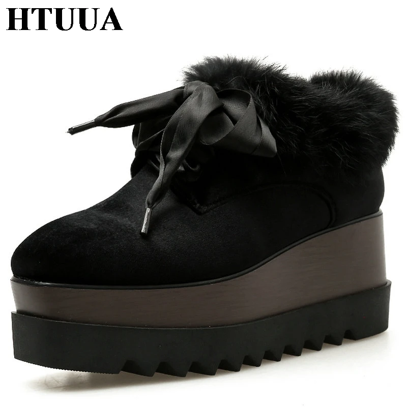 

HTUUA Winter Creepers Platform Shoes Women Sneakers British style Black Velvet Ribbon Fluffy Fur Plush Wedge Casual Shoes SX1794