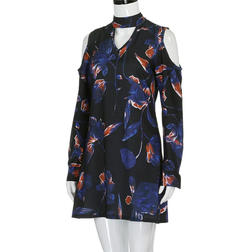 dress female loose of mini A-line casual dark blue color and flower printed full sleeve summer beach dropshipping #F#40JY3104