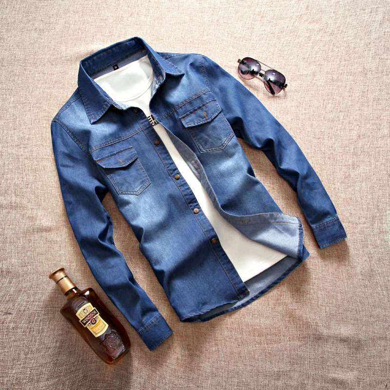 

LEDINGSEN 2019 Autumn Blue Denim Shirt Men Long Sleeve 100% Cotton Casual Slim Fit Jeans Shirts Male Camisa Masculina