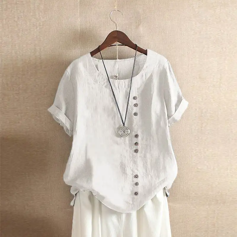 Online Elegant Women s Summer Blouse 2019 Vintage Linen Tops O Neck Short Sleeve Shirts Female Button Blusas Female Tunic Solid Chemise