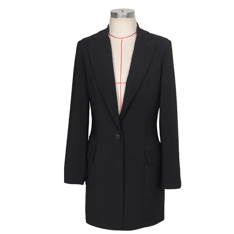 Spring Autumn 2015 Women Blazer Lapel Collar Long Sleeve Single Button Lady Black Work Long Jacket Coat feminino Bussiness Work
