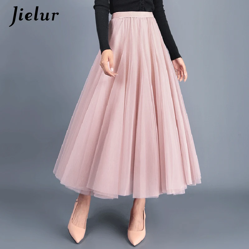 Jielur 3 слоя зимние тюлевые юбки толстые женские винтажные юбки-пачки с высокой талией сетчатые плиссированные женские черные бежевые розовые Saia Женские