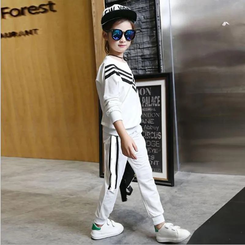 Kids Boys Girls Long Sleeve White Black Striped Tshirt Pants Children Sports Outwear Suits 2