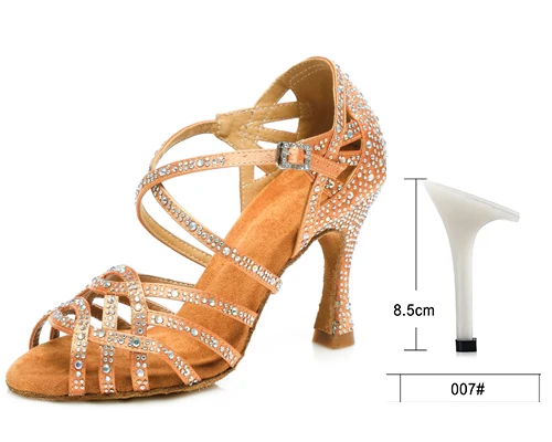 WUXIJIAO Для женщин сальса вечерние бальные туфли Латинская танцевальная обувь, большие и маленькие размеры Стразы блестящие сандалии кожи сатин кубинский каблук 9 см - Цвет: bronze heel 8.5cm