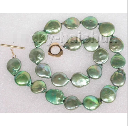 

Genuine 16" 14mm green coin fastener freshwater pearls necklace j8740^^^@^Noble style Natural Fine jewe FREE SHIPPING