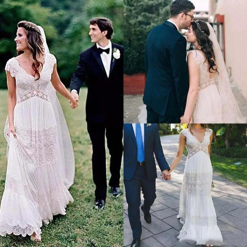 

2019 Bohemian Beach Wedding Dresses A Line Chiffon Deep V Neck Cap Sleeves Lace Dress Boho Summer Wedding Bridal Gowns