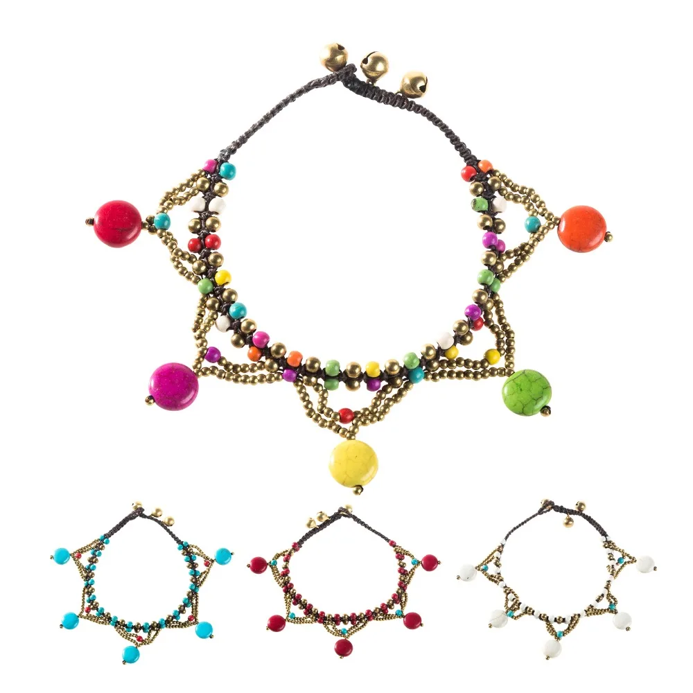 

AMOURJOUX Ethnic Boho Handmade Colorful Round Stone Charm Beaded Chain Anklets For Women Anklet Female Foot Jewelry