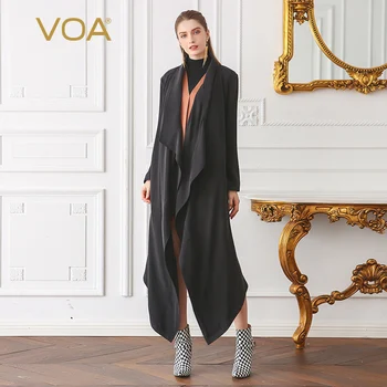 

VOA 2018 Autumn Winter Classic Solid Black Plus Size Trench Coat Casual Shawl Collar Heavy Silk Women Irregular Cardigan S2152