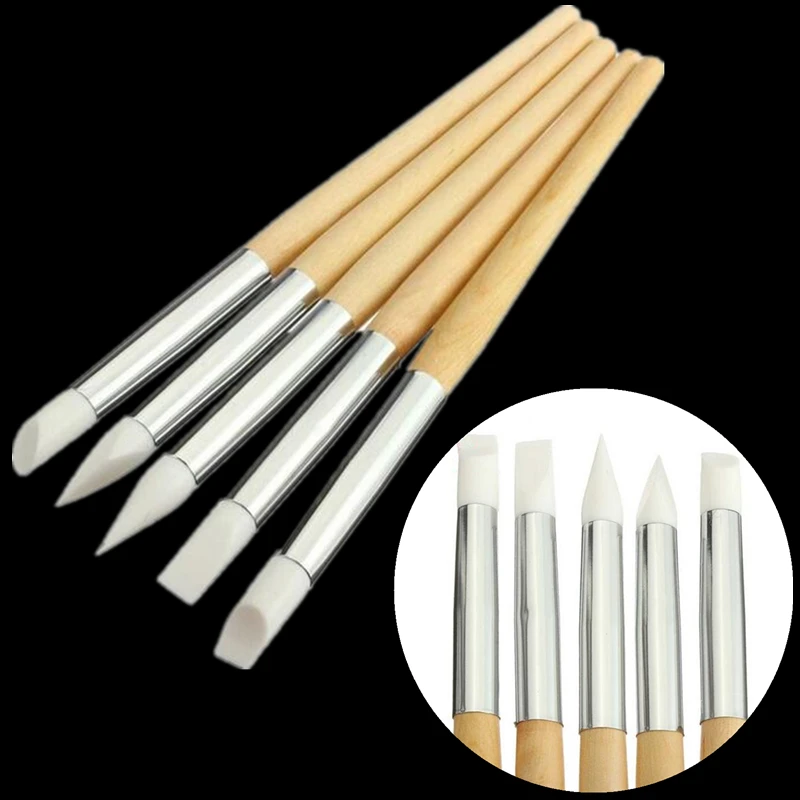 

5Pcs/Set Nail Art Silicone Pen Brush Wooden Dotting Carving Emboss Shaping Hollow Pottery Sculpture Builder Clay Tools Manicure