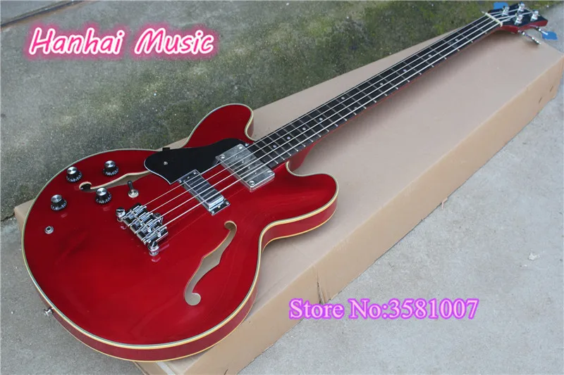 

Gorgeous 4-String Left-hand Electric Bass with Semi-hollow Claret-red Color Body,White Binding and can be Customized