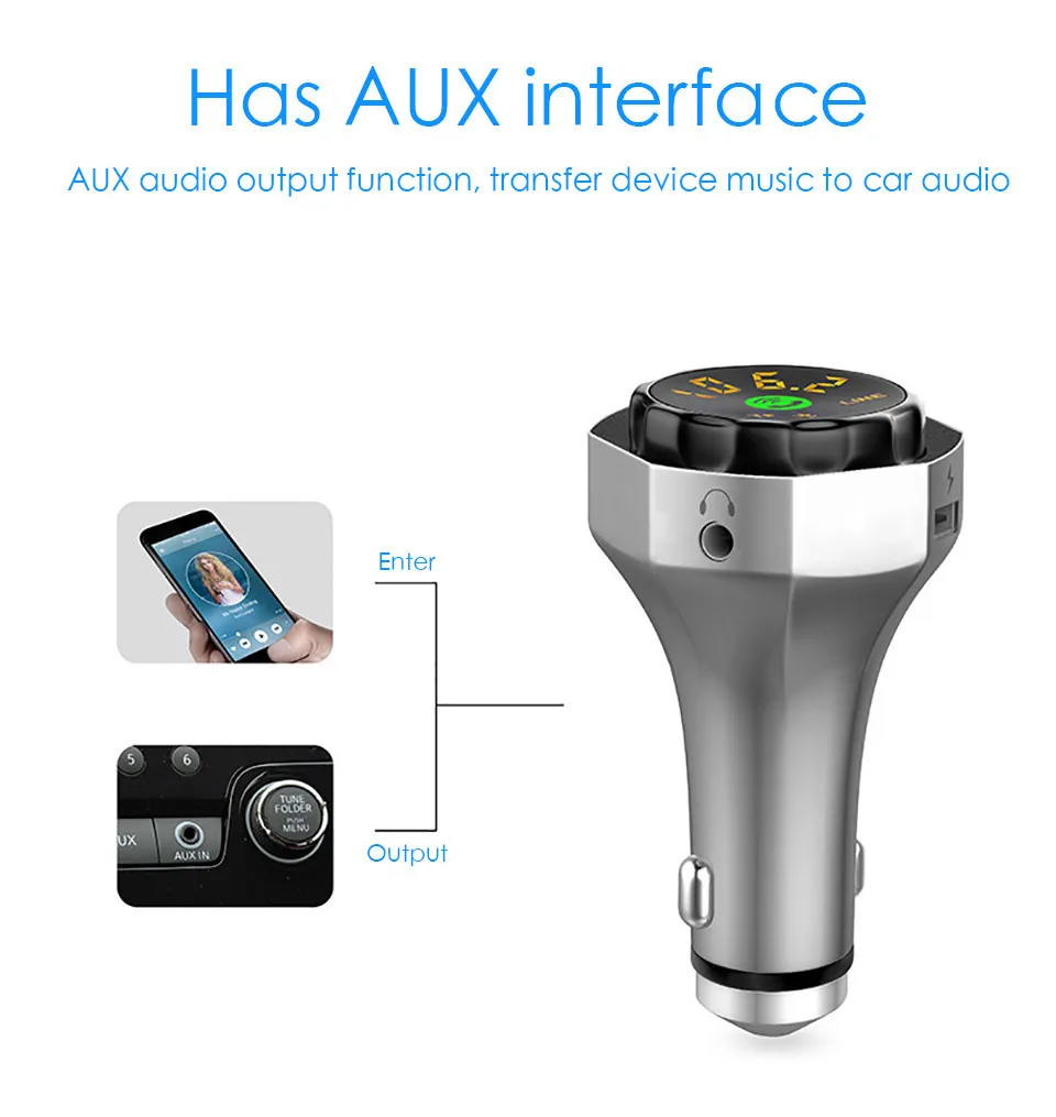 Wireless Bluetooth FM Transmitter Safety Hammer Handsfree Car Kit Bluetooth 3.5mm Aux Bluetooth MP3 Player TF USB Car Charger (6)